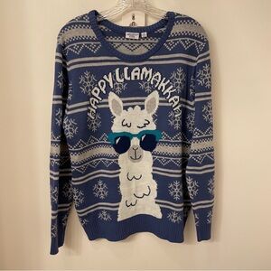 Happy Llamakkah Women'sPullover Blue White Sweater Mighty Fine, Ugly Hannukah 2X